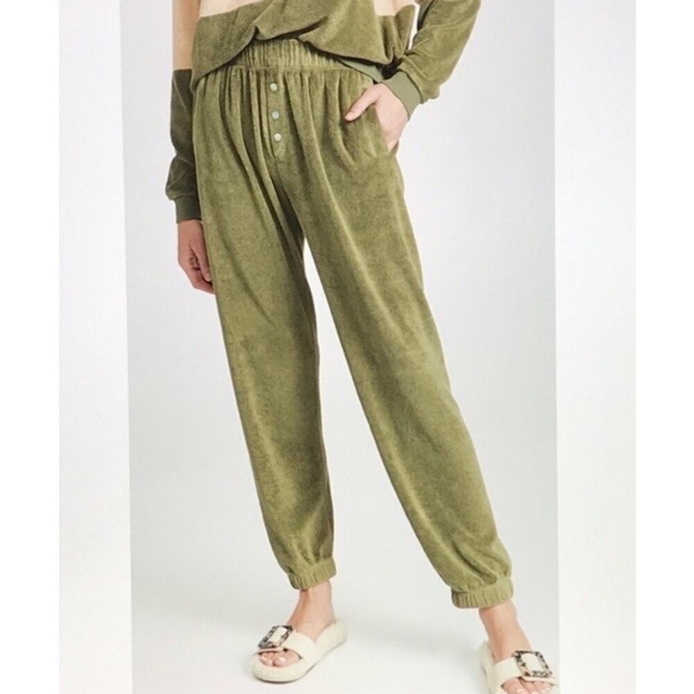 DONNI Terry Henley Jogger Sweatpants Basil Green Large Quiet Luxury Lounge